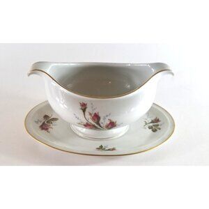 Vintage Selb Germany Winifred Gravy Boat Attached Underplate Moss Rose Rosenthal